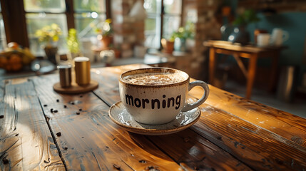 Wall Mural - Coffee cup on wooden table in coffee shop, with good morning word