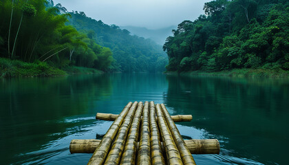 Wall Mural - Bamboo raft floating on a calm pristine river -wide format