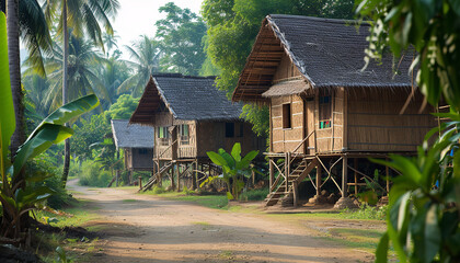 Wall Mural - Traditional bamboo houses in a rural Asian village - wide format