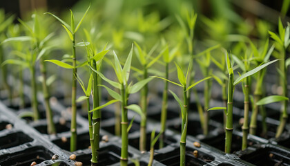 Young bamboo saplings are nurtured in a nursery - their vibrant green leaves promising future forests and sustainable solutions - wide format