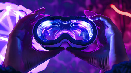 Wall Mural - Female hands hold 3d 360 vr headset wear ar innovative glasses goggles on camera in futuristic purple neon light, girl gamer virtual augmented reality technology background concept, close up view
