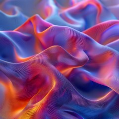 A modern 3D rendered backdrop with a fluid, wavy pattern of neon gradients, resembling digital silk against a minimalist setting.