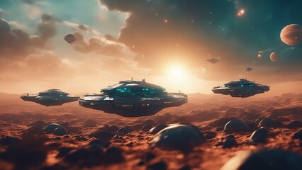 Wall Mural - ufo in space  Futuristic sci Fi battle space ships hover over an   alien planet,  