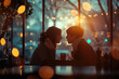 Intimate Couple Sharing a Moment in a Café Illuminated by Twinkling Lights at Dusk