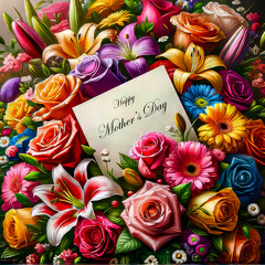 Luxuriant Bouquet Of Vivid Flowers With A Classic Happy Mother's Day Card Nestled Among The Blooms.