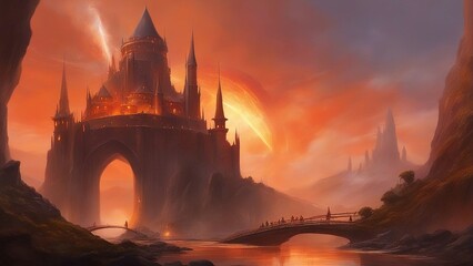 _A medieval space center with a castle like structure and a bridge. The space center is located on a alien fire sky world 