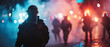 Silhouettes of riot police against a backdrop of flares and lights paint a tense scene of civil unrest
