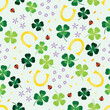 Saint Patrick's Day seamless background. Seamless pattern with four leaf clover, horseshoe and spring flowers.
