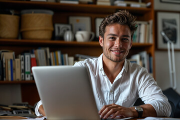 jeune homme étudiant devant son ordinateur portable dans son bureau, portant une chemise et souriant