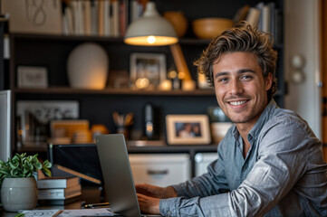 jeune homme étudiant devant son ordinateur portable dans son bureau, portant une chemise et souriant