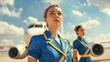 Airline stewardesses in vibrant blue uniforms standing confidently on the runway with an aircraft in the background.