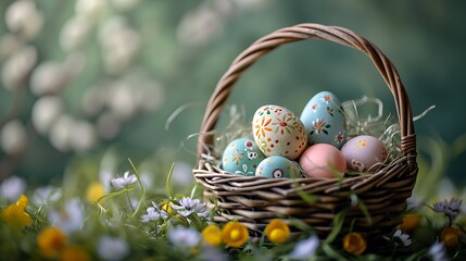 Easter basket filled with hand painted pastel Easter Eggs over a blue background