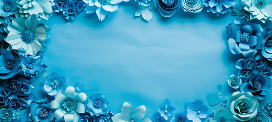 Wall Mural - Blue paper flowers background with place for text title with blue background for banner post greating card background