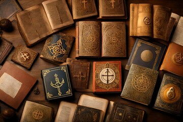 Books of the study of world religions with religious symbols