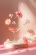 Spring flowers with glass of driink on a podium. Pink background with shadows. Flowers levitating in the air. Summer aesthetic concept.