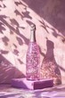 Champagne bottle with pink glitter on a podium. Pink background with shadows. Summer aesthetic party and drink concept.