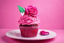 Fuchsia Pink Theme Cupcake With Shoe And Heart Decoration And Beautiful Rose, For International Womens Day,