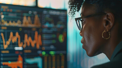 a woman gazes intently at her computer screen, her face reflecting a mixture of determination and cu