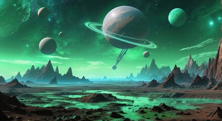 Wall Mural - Alien planet landscape in the style of sci-fi art