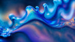 Colorful iridescent blue fluid water in motion with curves and turbulent flowing waves backdrop macro.