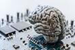 AI Brain Chip neural feedback control. Artificial Intelligence brainwave decoder mind time tracking axon. Semiconductor brain inspired computing circuit board neon lemon burst
