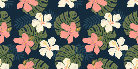 Poster - Seamless modern tropical pattern with leaves and hibiscus white and pink