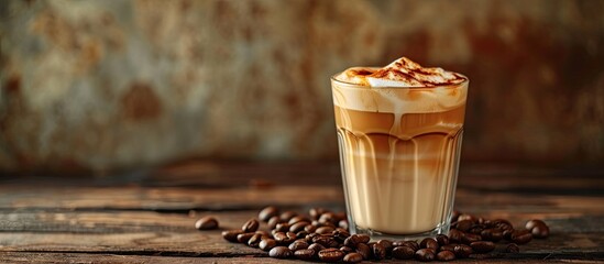 Wall Mural - Caramel macchiato coffee milk and caramel drink in glass on wooden table with coffee beans sweet drink cafe food menu copy space for text. with copy space image. Place for adding text or design