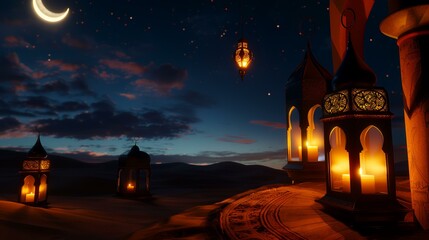 Sticker - Ramadan Kareem background. Arabic lanterns in the desert.