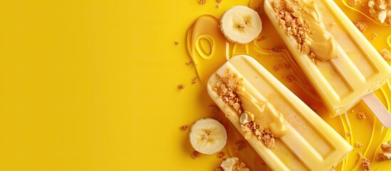 Aufkleber - Peanut butter banana popsicles with sprinkles of peanuts and drizzle of raw peanut butter on top above view. with copy space image. Place for adding text or design