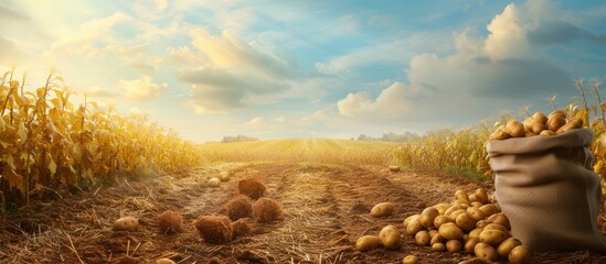 Aufkleber - Farmer harvesting potato in the farmland Pile of ripe potatoes on ground in field Fresh organic potatoes in the field Potato field with sacks of potato. with copy space image