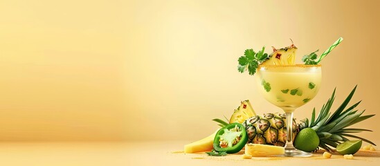 Poster - Spicy pineapple jalapeno mezcalita or margarita for Cinco de Mayo is a refreshing cocktail made with pineapple cilantro jalapeno and mexican distilled alcoholic beverage. with copy space image