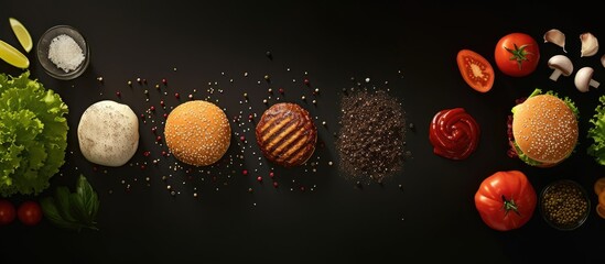 Aufkleber - The process of making a burger Ingredients for making a burger Everything you need to make a burger is laid out on the table. with copy space image. Place for adding text or design