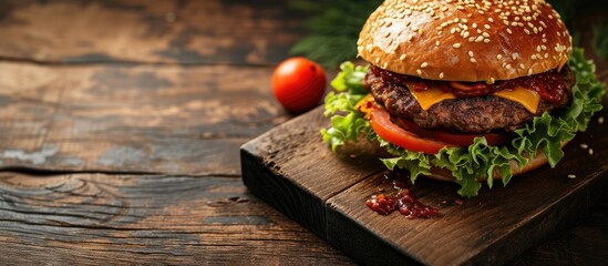 Poster - crispy breaded chicken burger with mozzarella cheese standing on wooden cutting board. with copy space image. Place for adding text or design