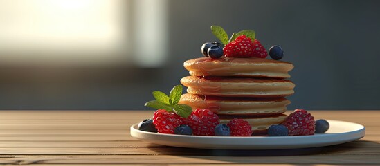 Aufkleber - Funny Flower Pancake with berries for kids breakfast. with copy space image. Place for adding text or design