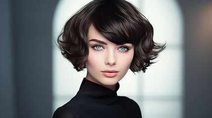 Wall Mural - Beautiful young woman wearing short bob hairstyle on studio background - focus on the eyes