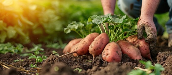 Aufkleber - Farmer harvesting fresh organic sweet potatoes from soil. with copy space image. Place for adding text or design