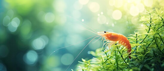 Nice red neocaridina shrimp pets in freshwater aquarium. with copy space image. Place for adding text or design