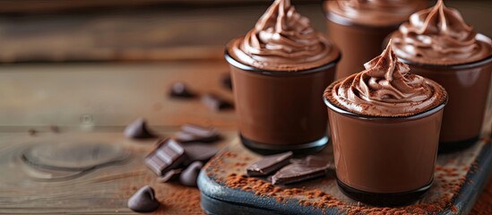 Aufkleber - delicious triple chocolate mousse desserts in glasses. with copy space image. Place for adding text or design