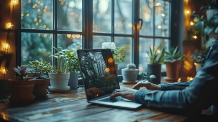 Aufkleber - An illustration showing a businessman working on a blank laptop screen on a wooden desk with two exposures