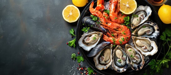 Fototapete - Fresh seafood platter Venus verrucosa oysters and hairy mussels with lemons Puglia food. with copy space image. Place for adding text or design