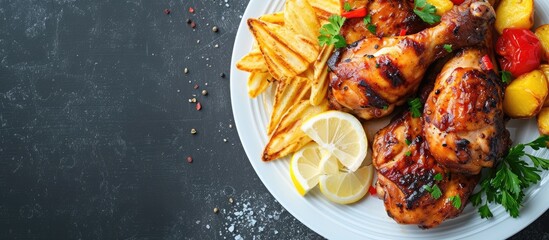 Aufkleber - Chicken and chips jerk caribbean cuisine on a plate. with copy space image. Place for adding text or design