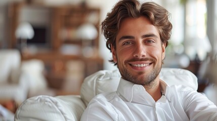 Aufkleber - On a white background, a smiling businessman is seated in an office chair and working on a laptop computer.