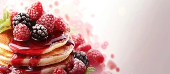 Aufkleber - Delicious homemade golden pancakes with fresh blackberries raspberries and raspberry syrup Extreme shallow depth of field. with copy space image. Place for adding text or design