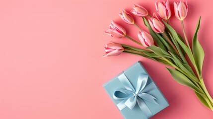 Aufkleber - Top view photo of blue giftbox with ribbon bow and bouquet of pink tulips on isolated pastel pink background.