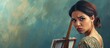 Young hispanic woman standing by painter easel stand disgusted expression displeased and fearful doing disgust face because aversion reaction. with copy space image. Place for adding text or design