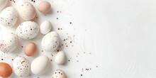 Raw Eggs On A Marble Table Elegant Easter Flat Lay Composition.AI Generative