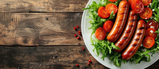 Poster - Sausages frankfurter and salad on plate closeup. with copy space image. Place for adding text or design