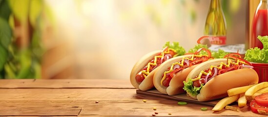 Poster - French Hot dogs with ketchup and mustard delicious street food. with copy space image. Place for adding text or design