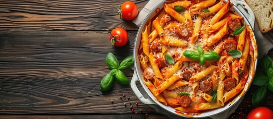 Poster - Baked spaghetti pasta with sausages in tomato sauce in the oven dish copy space. with copy space image. Place for adding text or design