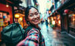 © Mr. Bolota - A Young Native Woman with a Backpack Captures the Essence of Old Japan in a Delightful Selfie Amidst Historic Streets, Blending Tradition and Adventure